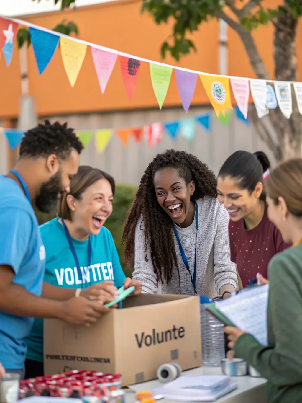 A photo of decorative equipment such as banners and thematic decorations being set up at a community event, showcasing the aesthetic support provided by ASS LA BOITE A MATOS.