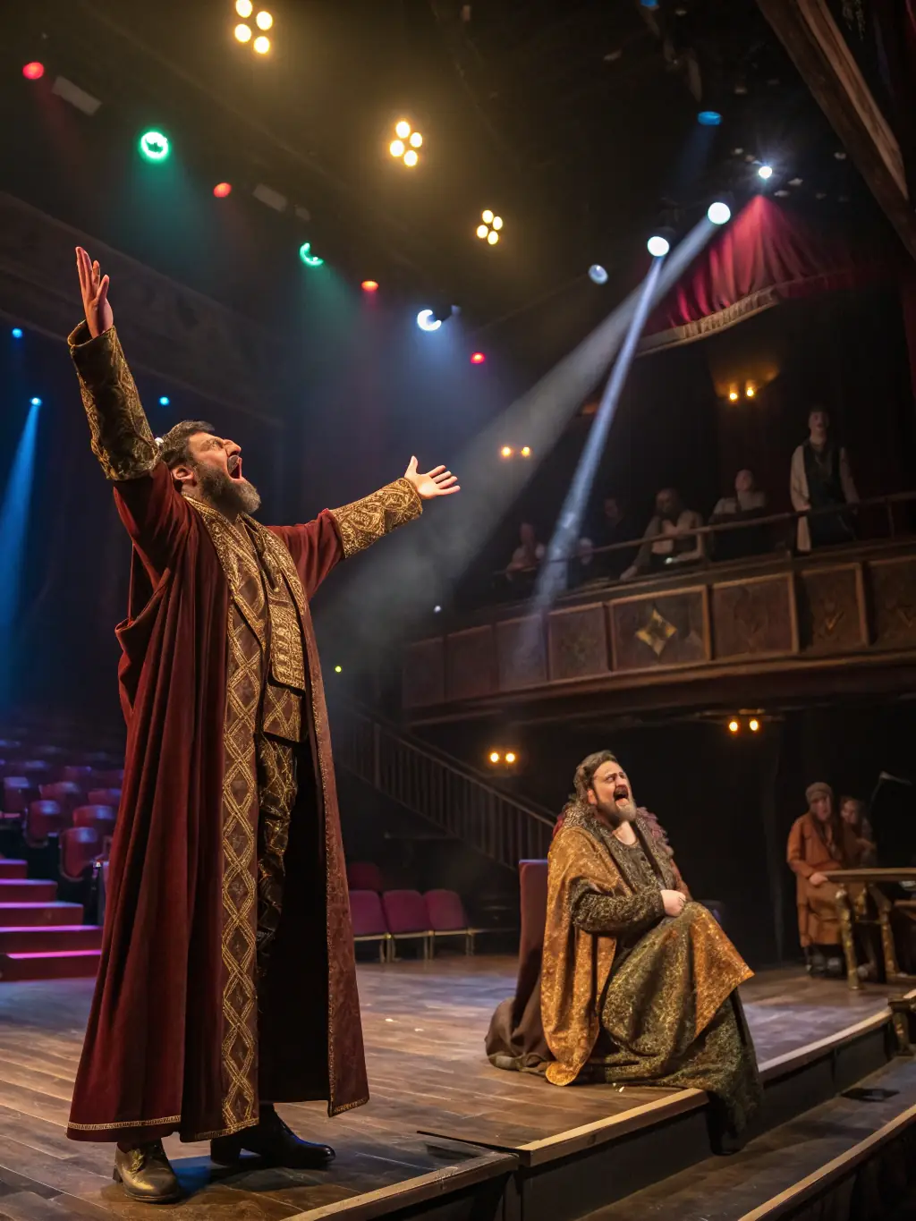 A dynamic stage setup with colorful lighting effects during a theatrical performance, highlighting ASS LA BOITE A MATOS's lighting and staging solutions.