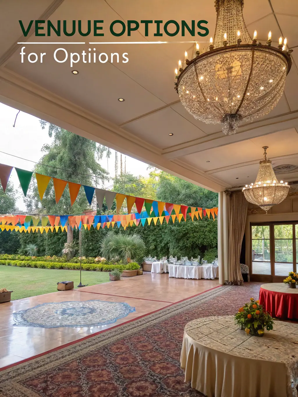 A decorated event space with thematic banners and decorative lighting, illustrating the customized decorative solutions offered by ASS LA BOITE A MATOS to enhance event ambiance.