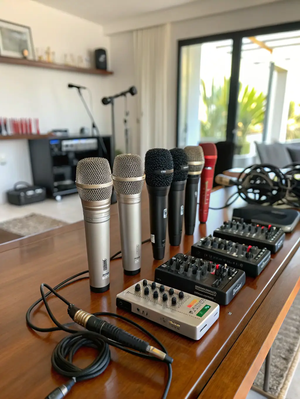 A vibrant image showcasing a variety of sound equipment neatly arranged, highlighting ASS LA BOITE A MATOS's extensive rental inventory for events.